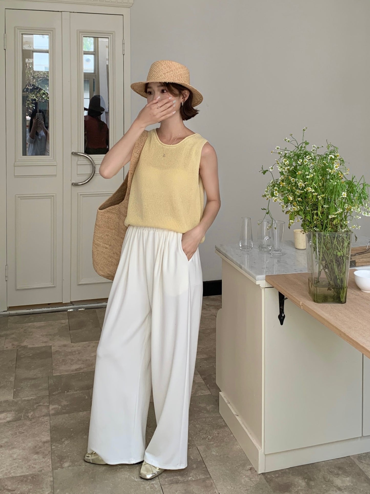 KNIT SINGLET IN D.GREY/YELLOW/WHTE/KHAKI