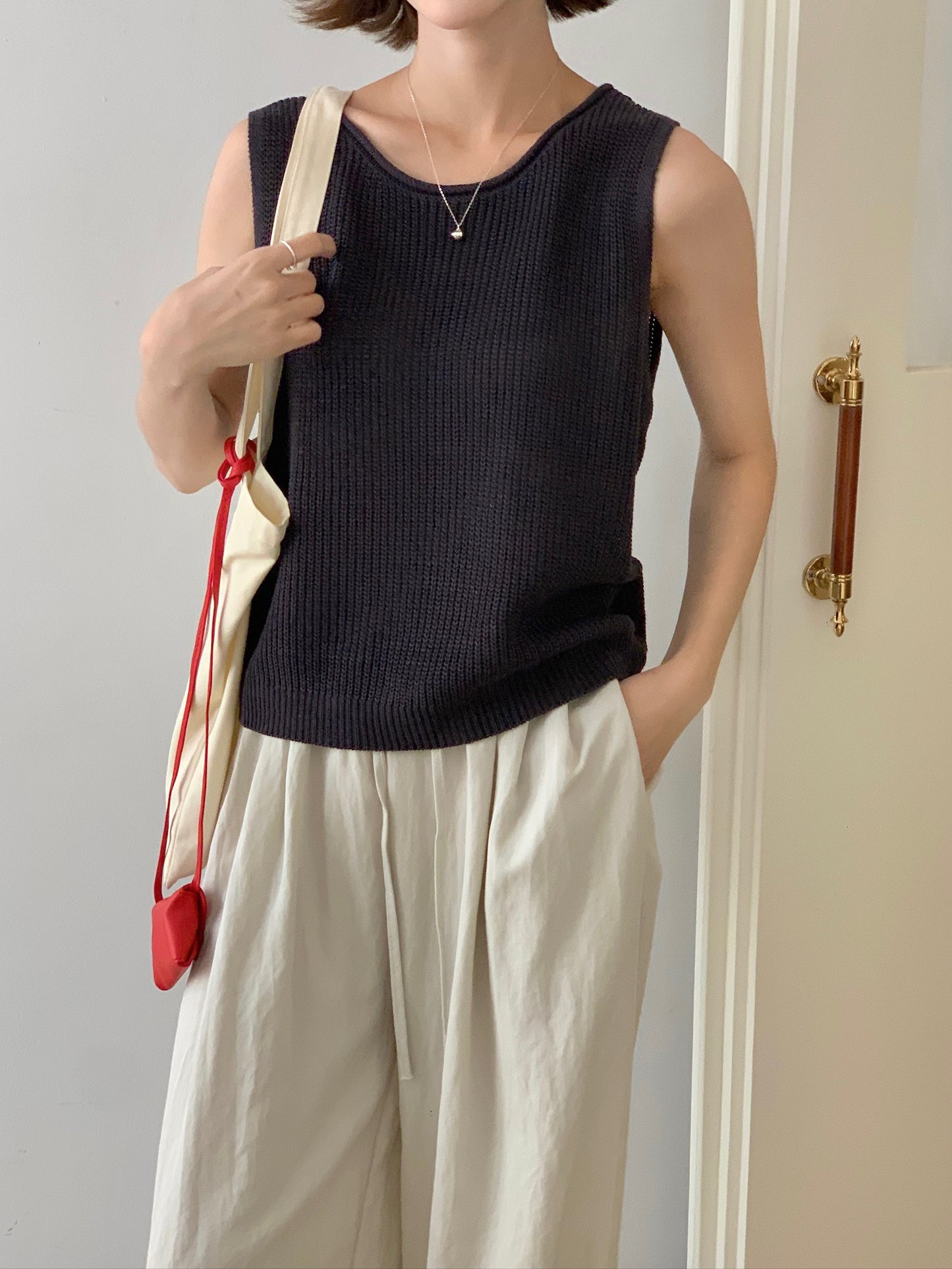 KNIT SINGLET IN D.GREY/YELLOW/WHTE/KHAKI