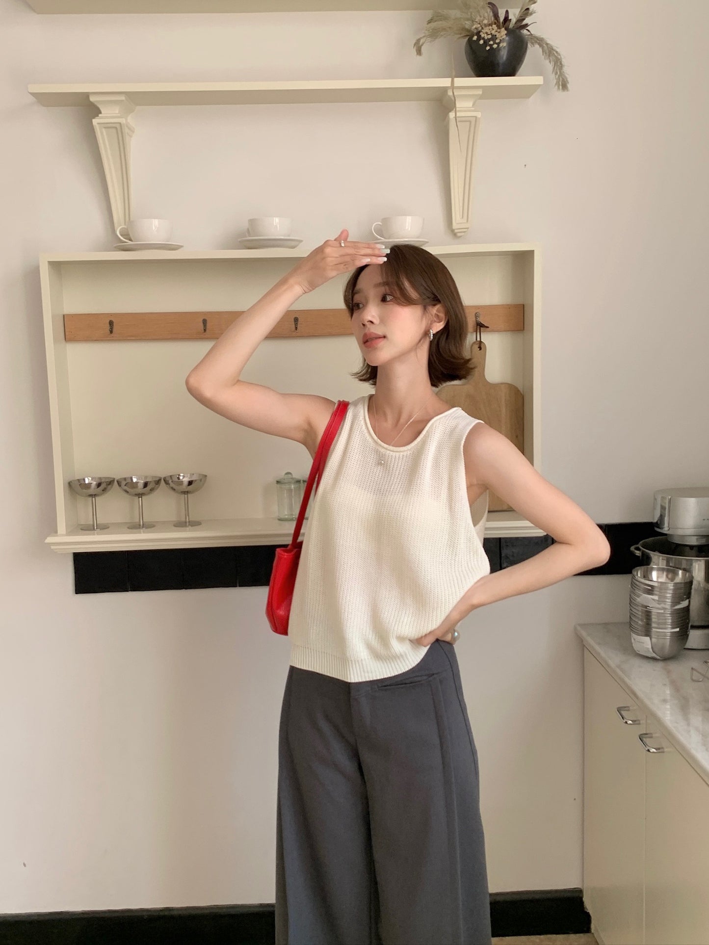 KNIT SINGLET IN D.GREY/YELLOW/WHTE/KHAKI