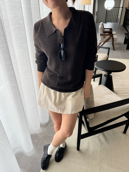 POLO KNIT TOP IN BROWN/CREAM WHITE