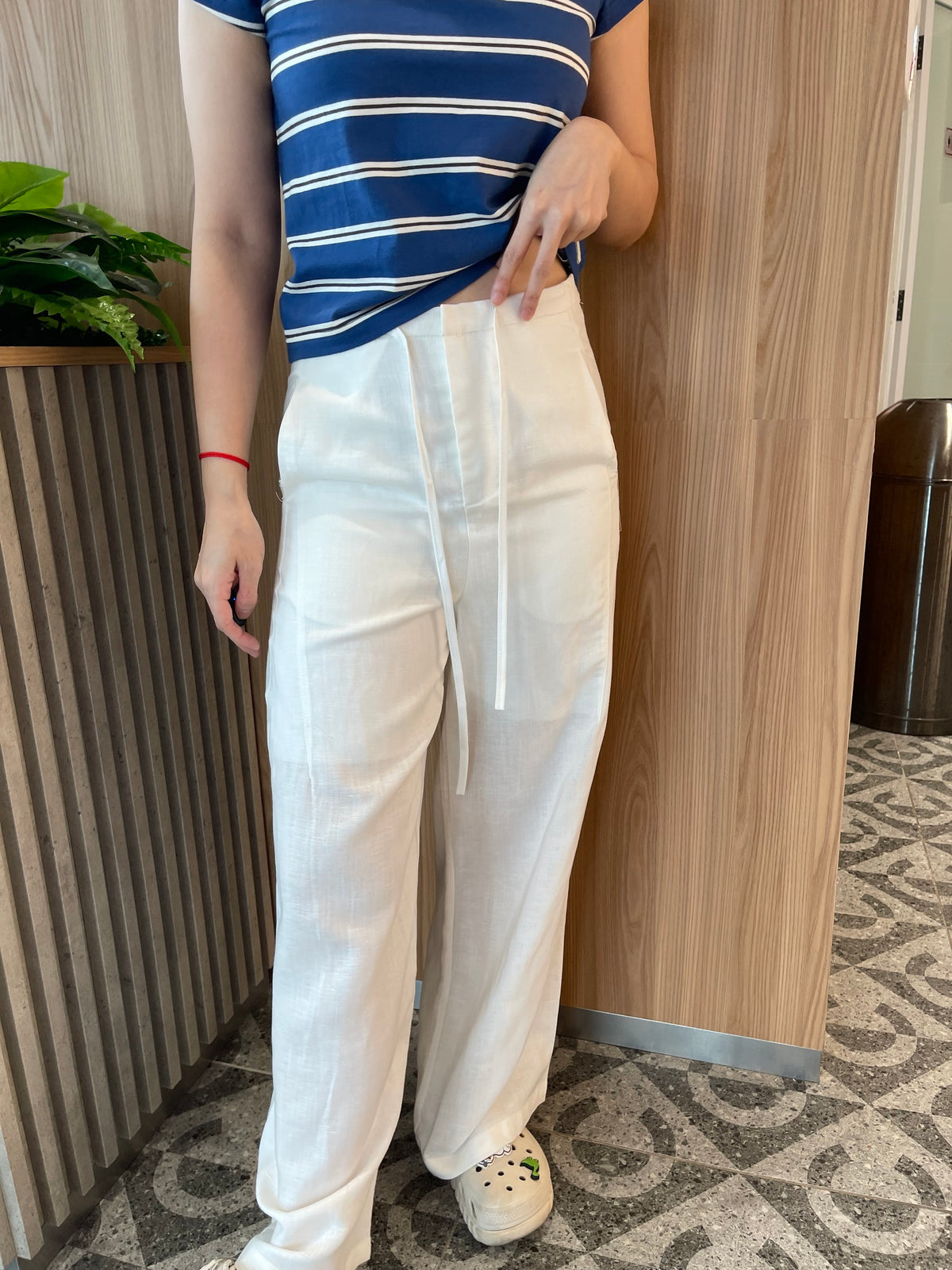 LINEN COTTON TROUSERS IN WHITE/NAVY