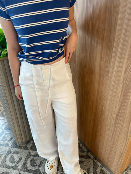 LINEN COTTON TROUSERS IN WHITE/NAVY