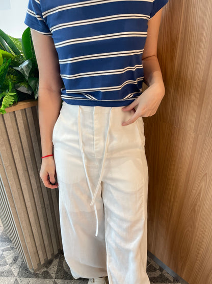 LINEN COTTON TROUSERS IN WHITE/NAVY