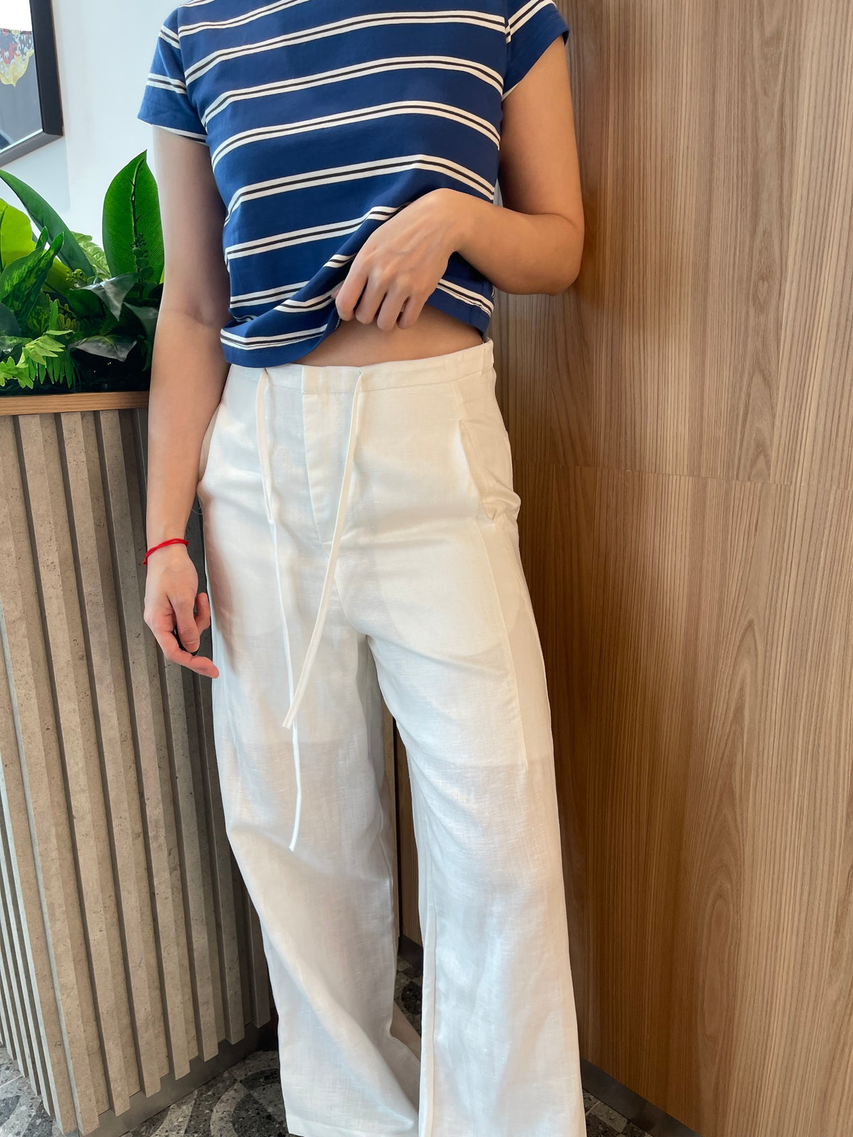 LINEN COTTON TROUSERS IN WHITE/NAVY