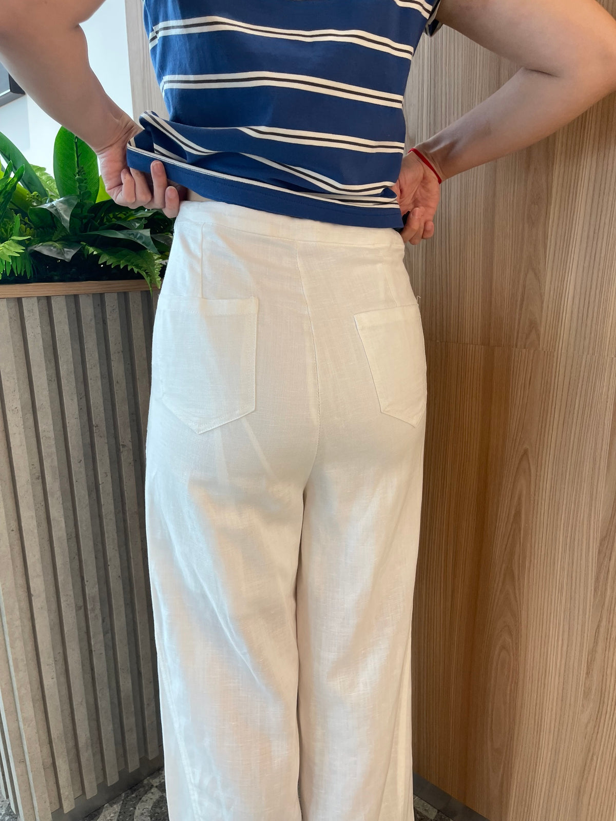 LINEN COTTON TROUSERS IN WHITE/NAVY