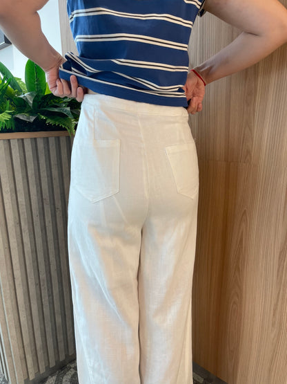 LINEN COTTON TROUSERS IN WHITE/NAVY