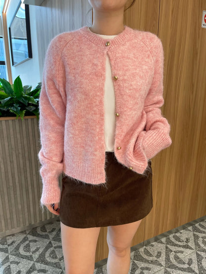 BUTTON KNIT TOP IN PINK/GREY