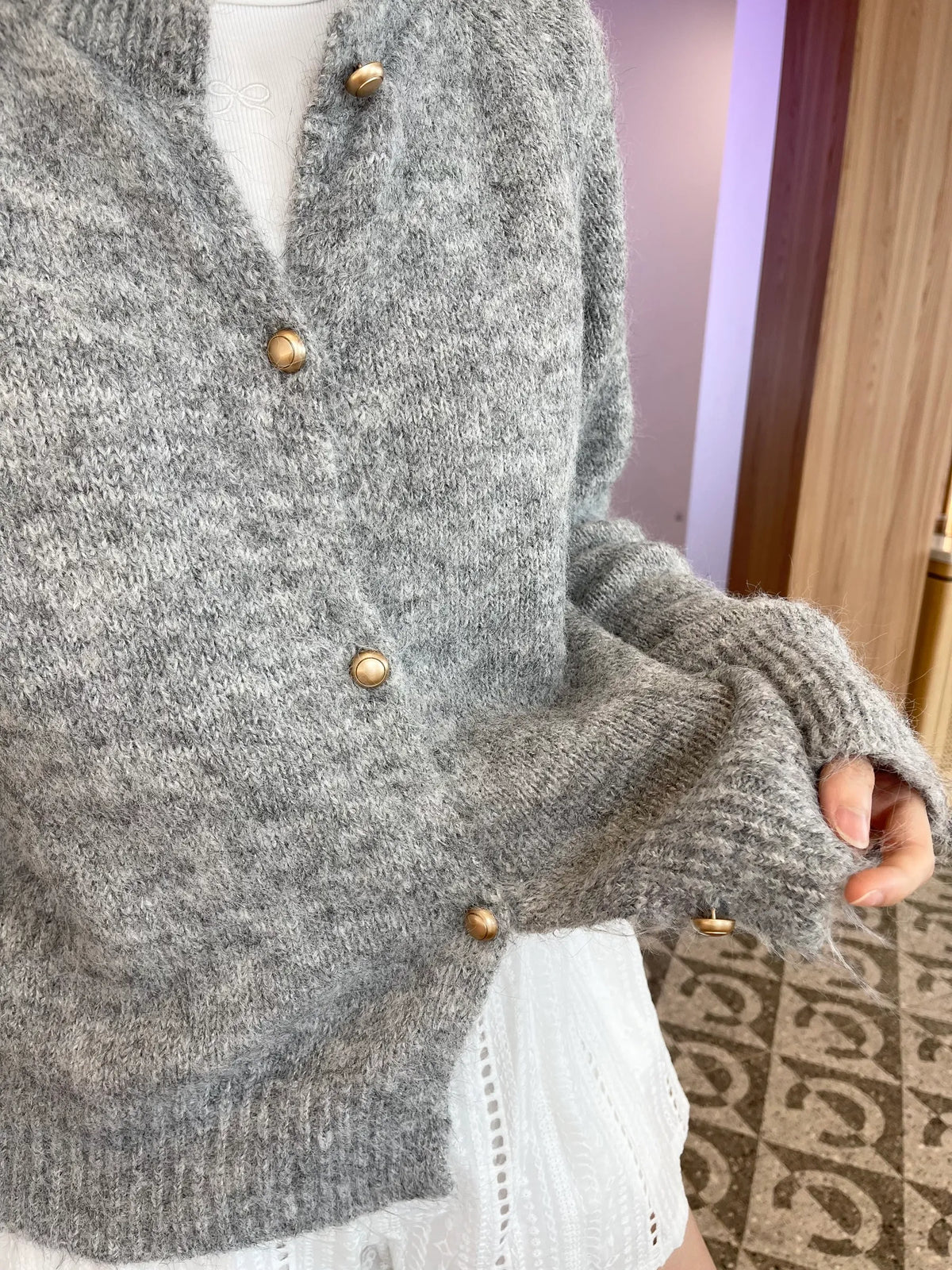 BUTTON KNIT TOP IN PINK/GREY