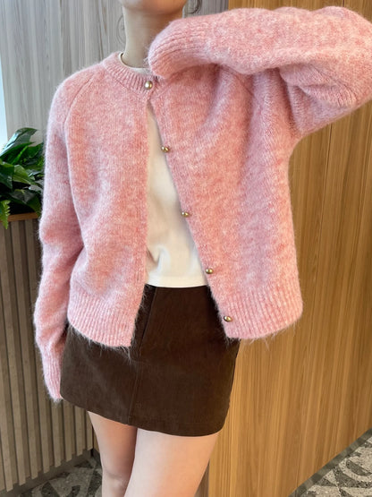 BUTTON KNIT TOP IN PINK/GREY