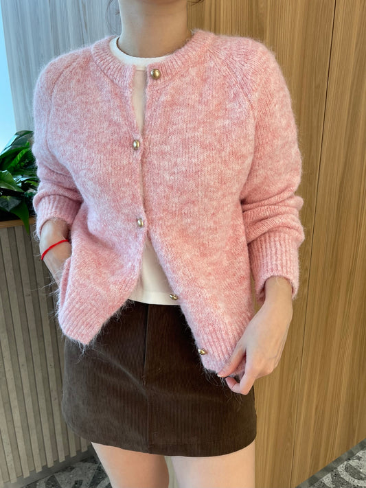 BUTTON KNIT TOP IN PINK/GREY