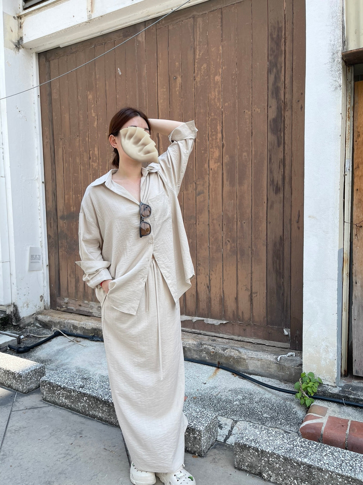 LINEN COTTON BLOUSE+SKIRT IN SET IN BEIGE/BLACK