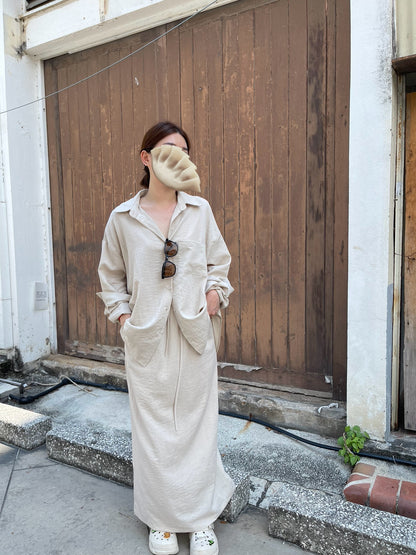 LINEN COTTON BLOUSE+SKIRT IN SET IN BEIGE/BLACK