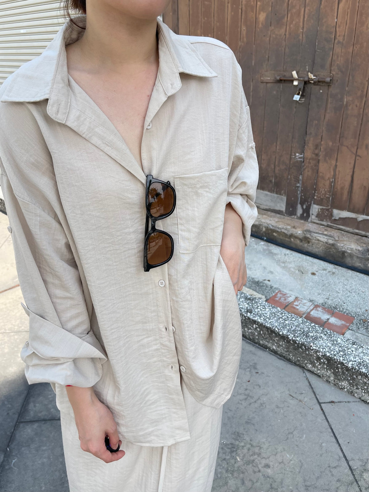 LINEN COTTON BLOUSE+SKIRT IN SET IN BEIGE/BLACK