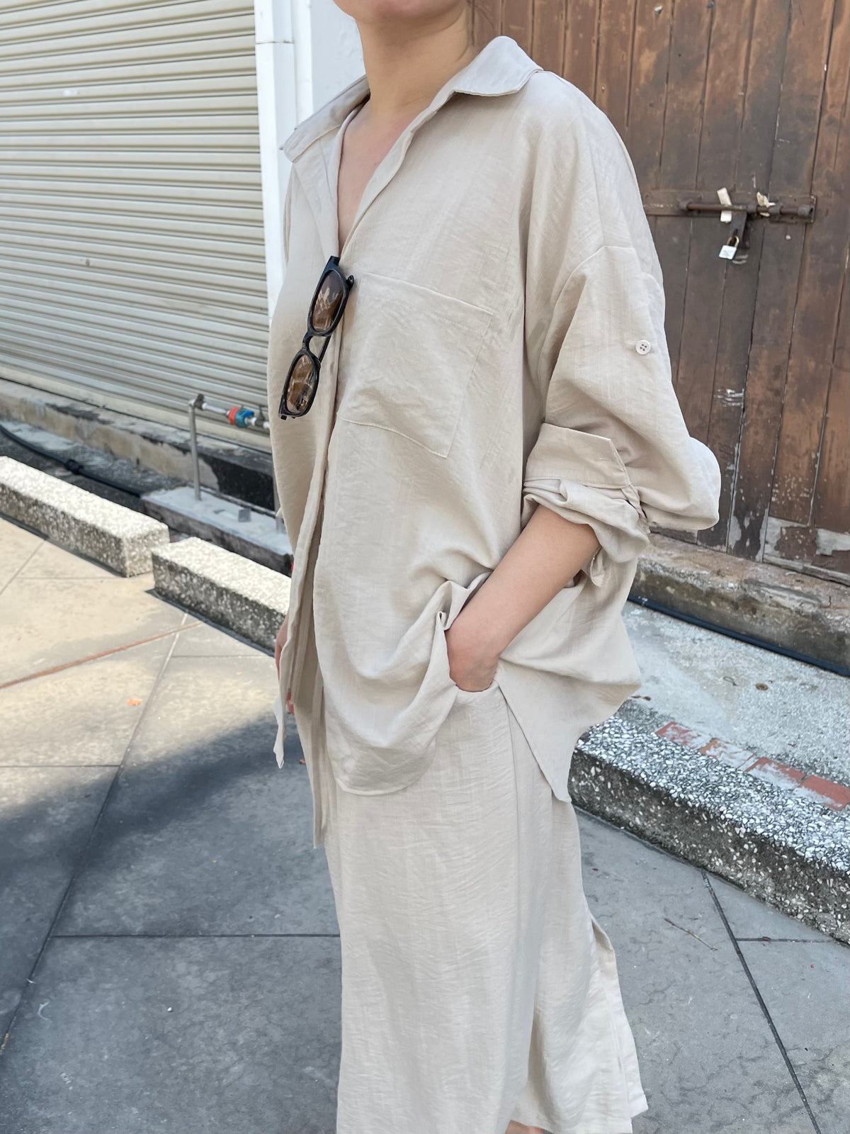 LINEN COTTON BLOUSE+SKIRT IN SET IN BEIGE/BLACK