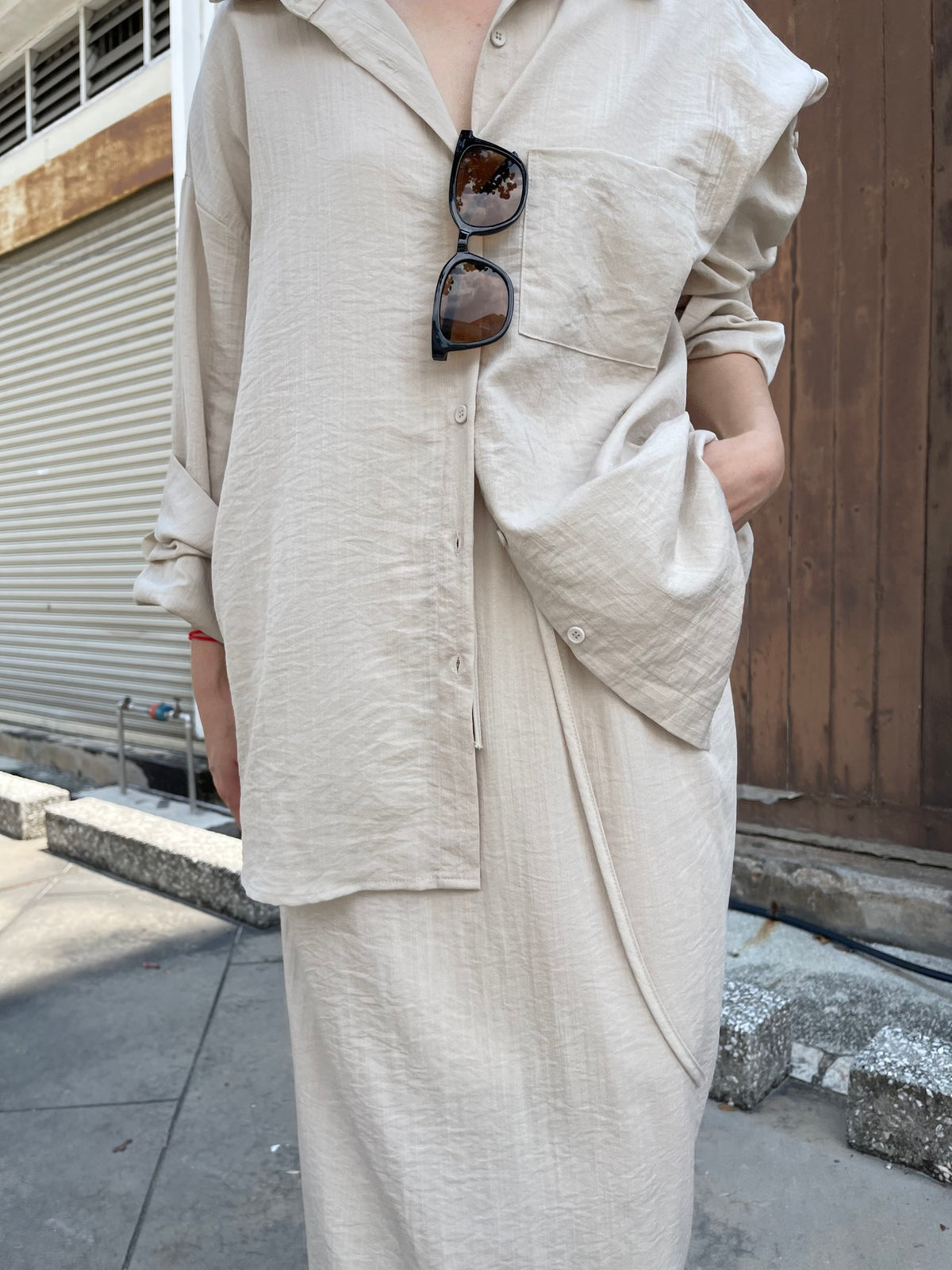 LINEN COTTON BLOUSE+SKIRT IN SET IN BEIGE/BLACK