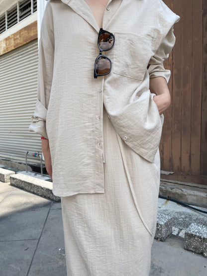LINEN COTTON BLOUSE+SKIRT IN SET IN BEIGE/BLACK