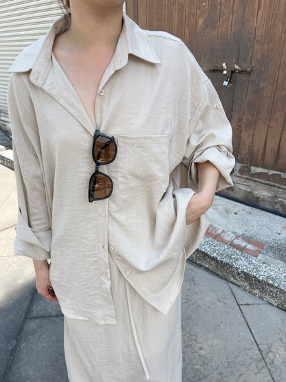 LINEN COTTON BLOUSE+SKIRT IN SET IN BEIGE/BLACK