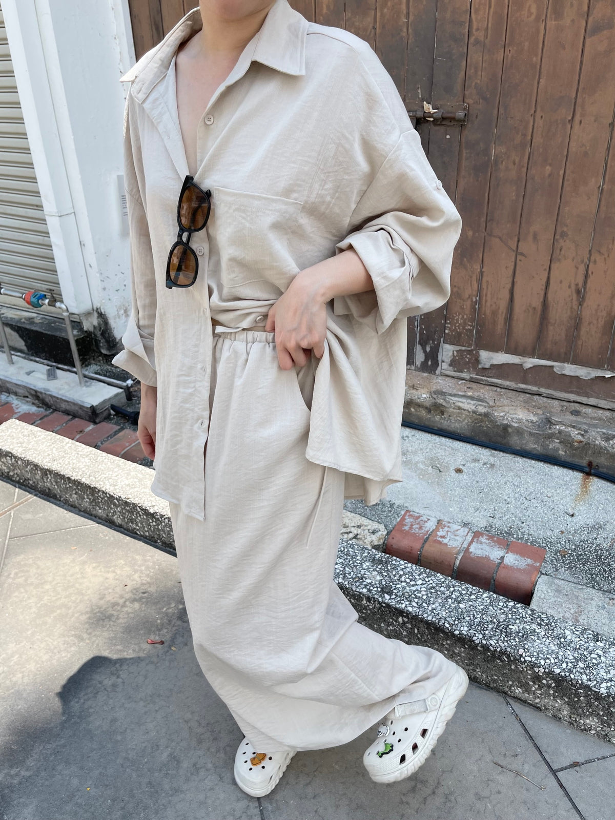 LINEN COTTON BLOUSE+SKIRT IN SET IN BEIGE/BLACK