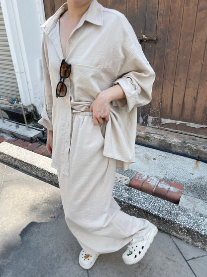 LINEN COTTON BLOUSE+SKIRT IN SET IN BEIGE/BLACK
