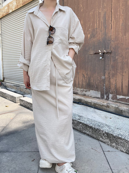 LINEN COTTON BLOUSE+SKIRT IN SET IN BEIGE/BLACK