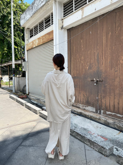 LINEN COTTON BLOUSE+SKIRT IN SET IN BEIGE/BLACK