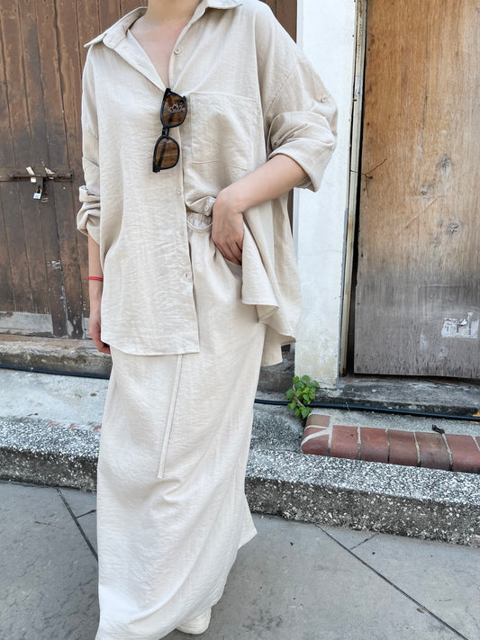 LINEN COTTON BLOUSE+SKIRT IN SET IN BEIGE/BLACK