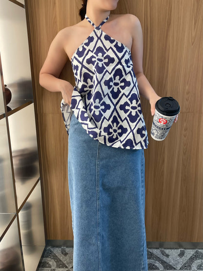 JOJO LINEN COTTON SINGLET TOP IN BLUE/RED