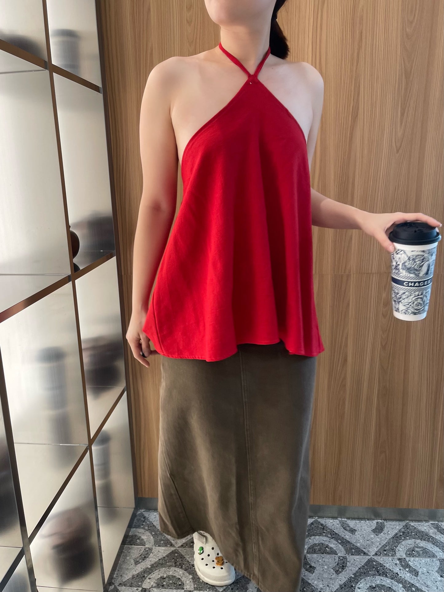 JOJO LINEN COTTON SINGLET TOP IN BLUE/RED