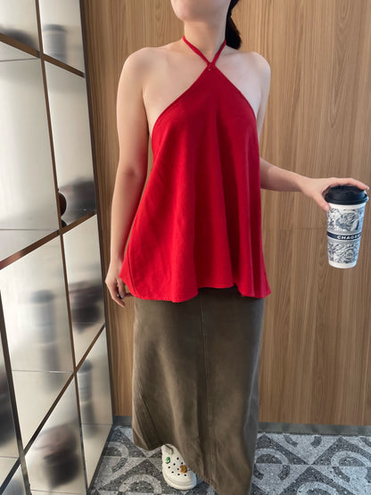 JOJO LINEN COTTON SINGLET TOP IN BLUE/RED