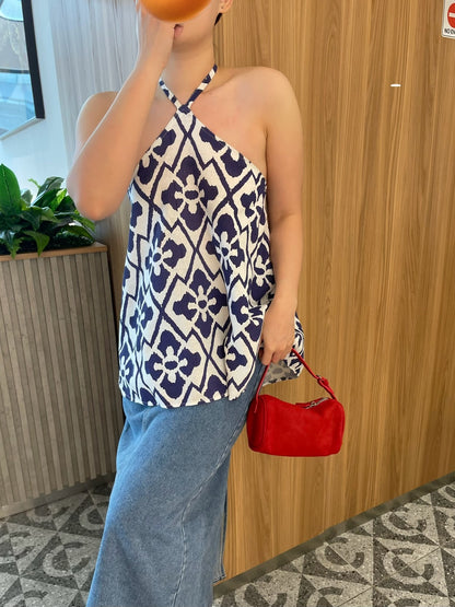 JOJO LINEN COTTON SINGLET TOP IN BLUE/RED
