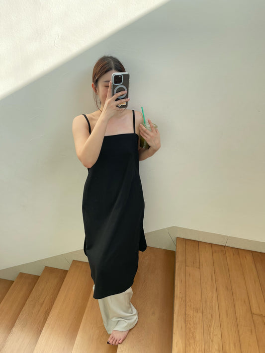 LINEN COTTON SINGLET DRESS IN BLUE/BEIGE/BLACK