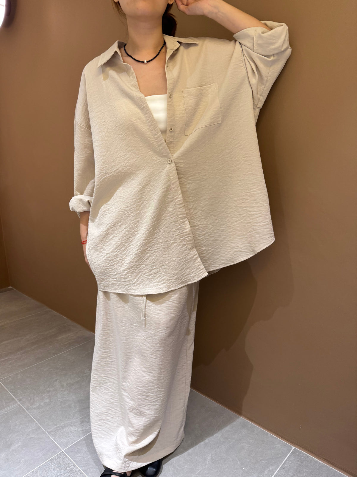 LINEN COTTON BLOUSE+SKIRT IN SET IN BEIGE/BLACK