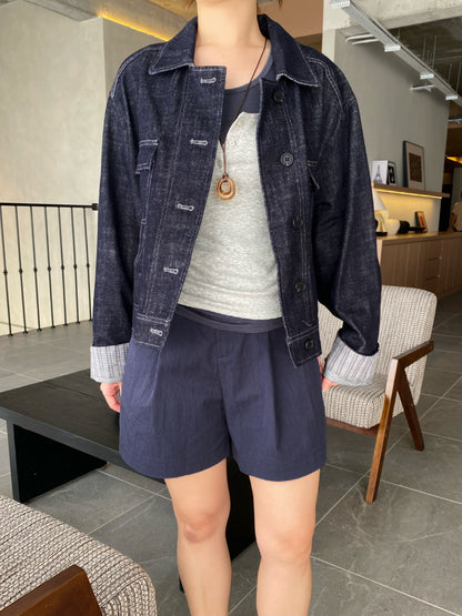 TERRY HIGH WAIST SHORT IN BEIGE/NAVYBLUE