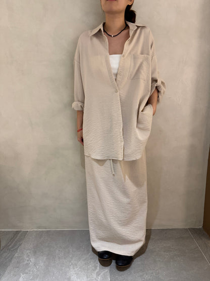 LINEN COTTON BLOUSE+SKIRT IN SET IN BEIGE/BLACK