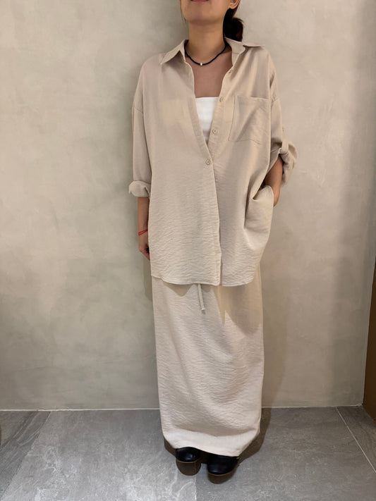 LINEN COTTON BLOUSE+SKIRT IN SET IN BEIGE/BLACK