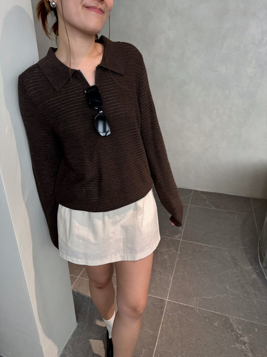 POLO KNIT TOP IN BROWN/CREAM WHITE