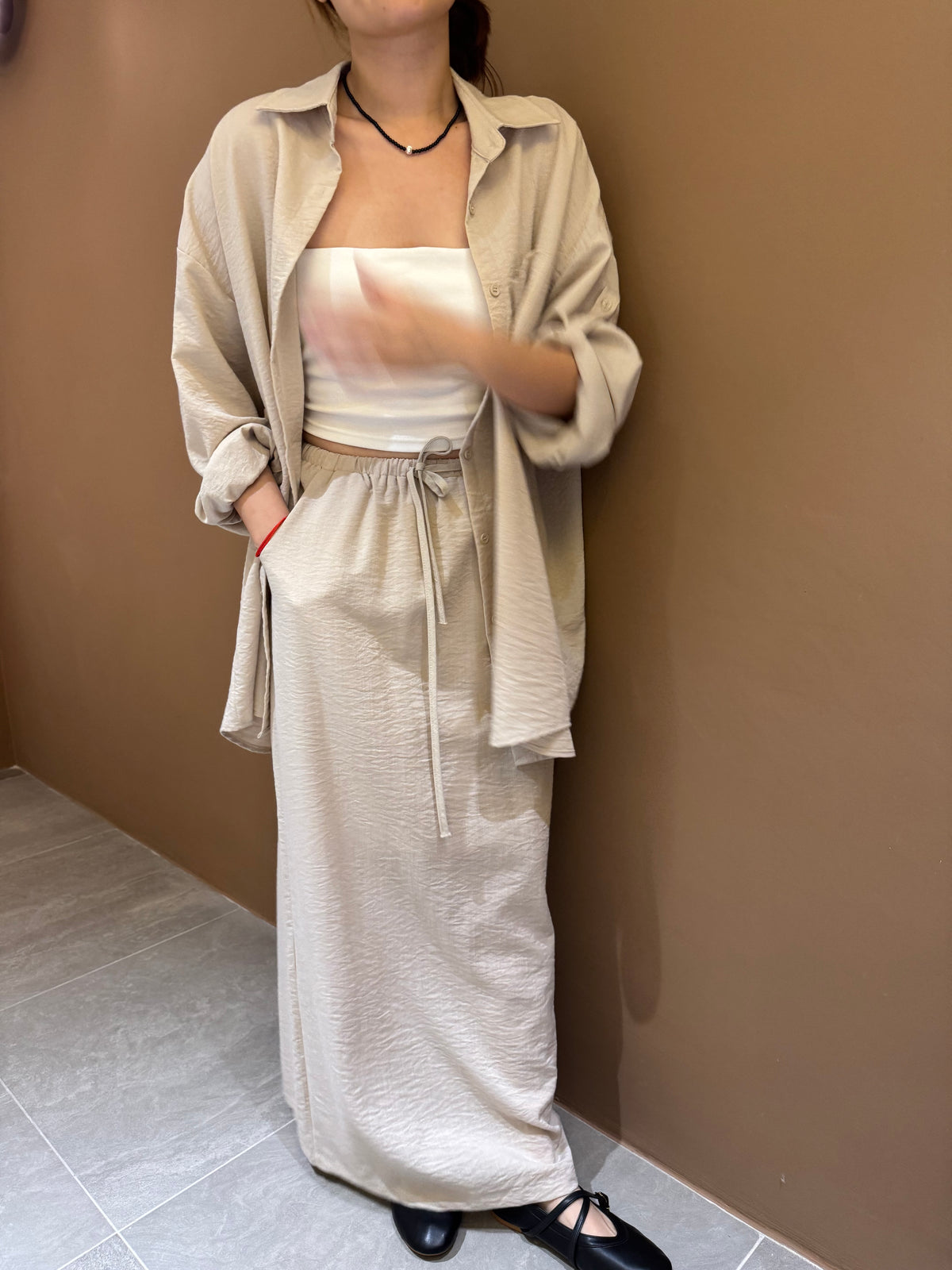 LINEN COTTON BLOUSE+SKIRT IN SET IN BEIGE/BLACK