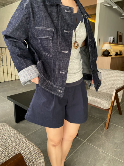TERRY HIGH WAIST SHORT IN BEIGE/NAVYBLUE