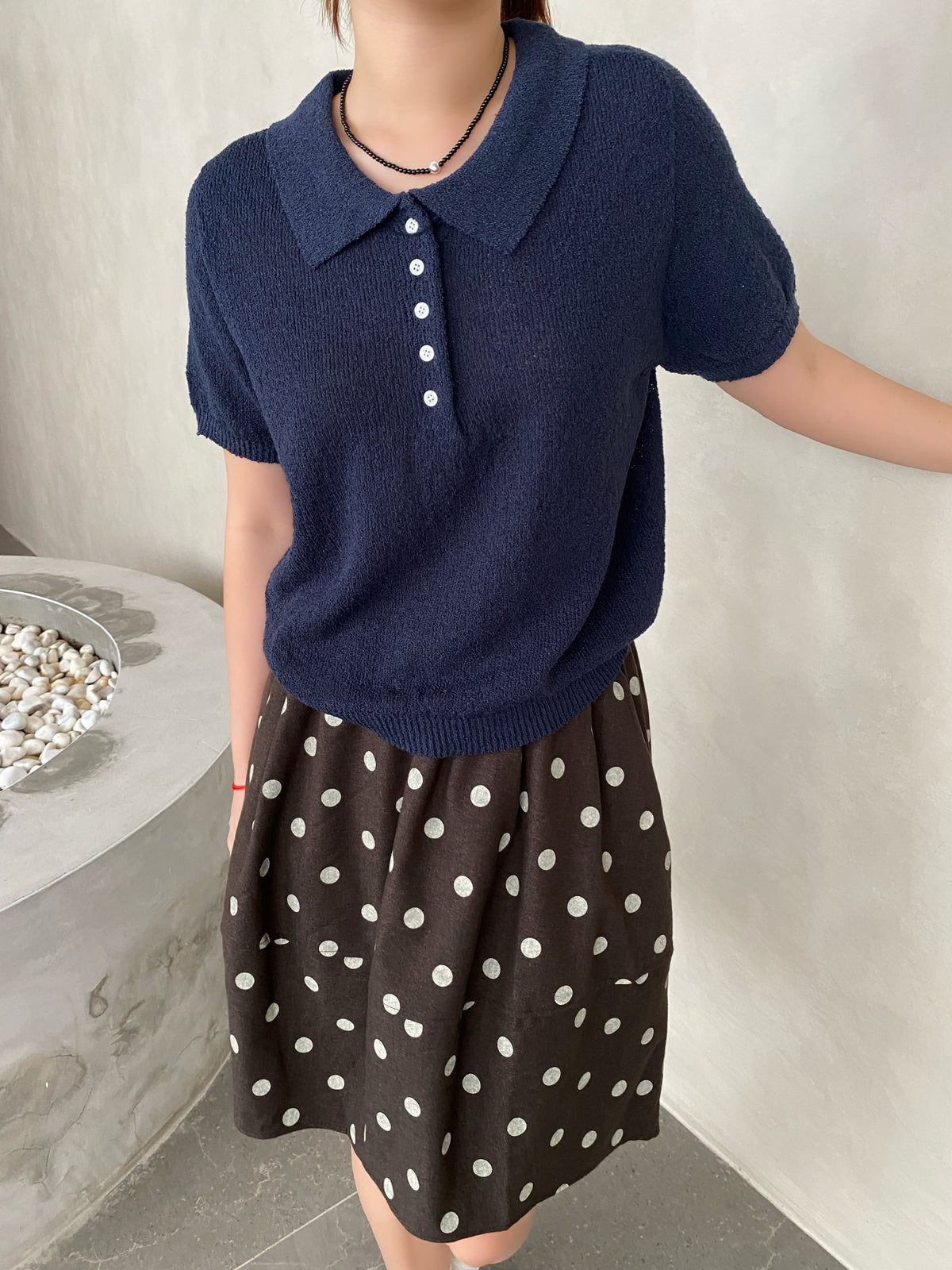 POLO KNIT TOP IN GREY/NAVYBLUE