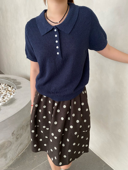 POLO KNIT TOP IN GREY/NAVYBLUE