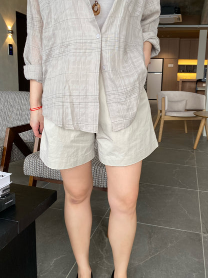 TERRY HIGH WAIST SHORT IN BEIGE/NAVYBLUE